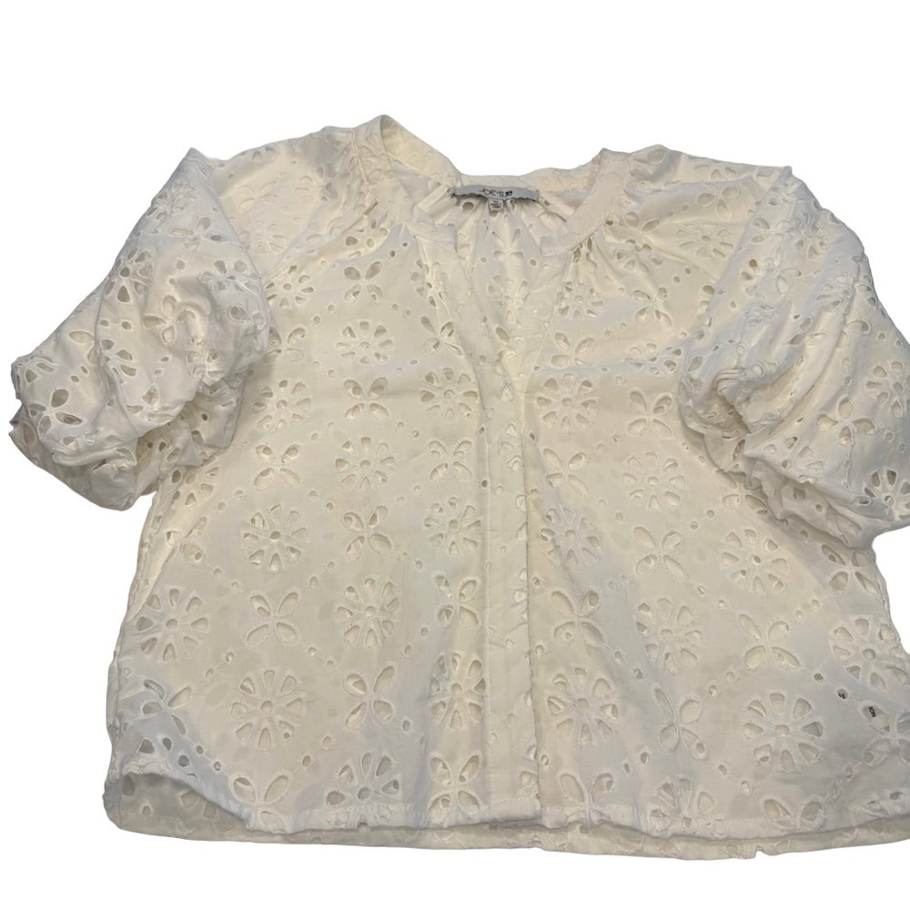 Joe’s Jeans Women’s “The Andie” White Eyelet Top Split V-neck Puff Sleeves Sz XS - Picture 3 of 13